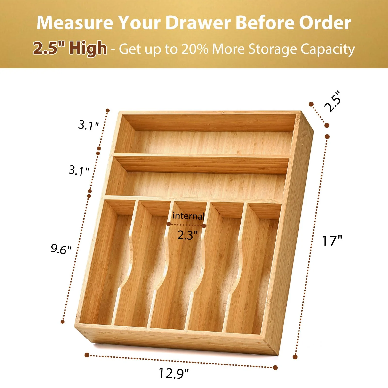 13 Inch Bamboo Kitchen Organizer, 7-Slot Utensil Tray for Drawers, Extra Deep Divider for Forks Spoons Knives and Cooking Tools, Natural Wood Design, Orange