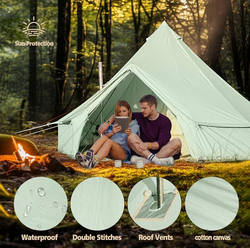 Cotton Canvas Bell Tent, Waterproof Large Tents with Sturdy Center & Door Pole and Space for 4/6/8 Person All 4 Season Camping Yurt Tent