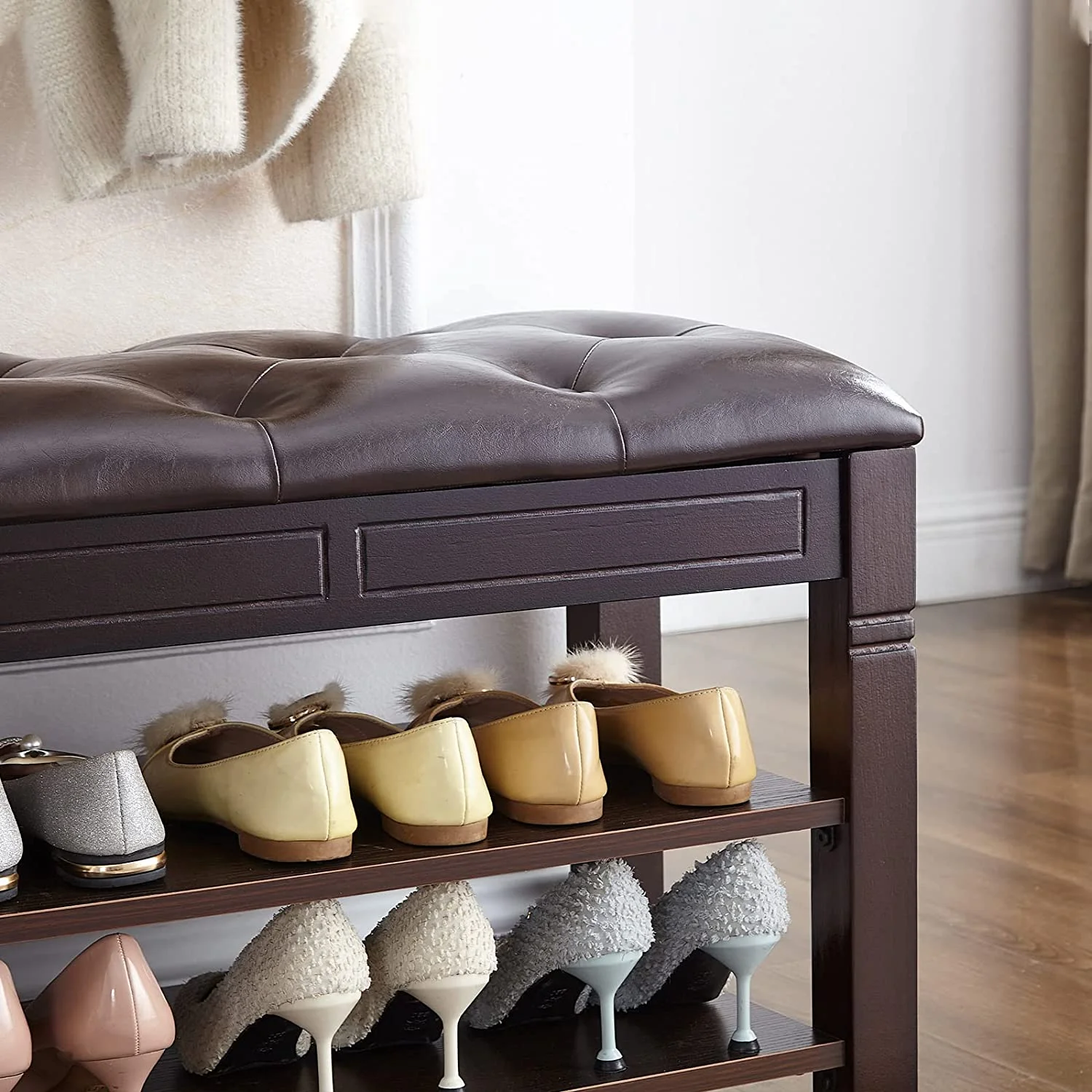 Shoe Storage Bench with Cushion, Entry Bench with Storage Solid Wood Shoe Bench Ideal for Entryway Living Room and Corridor (Brown, 31.5'')