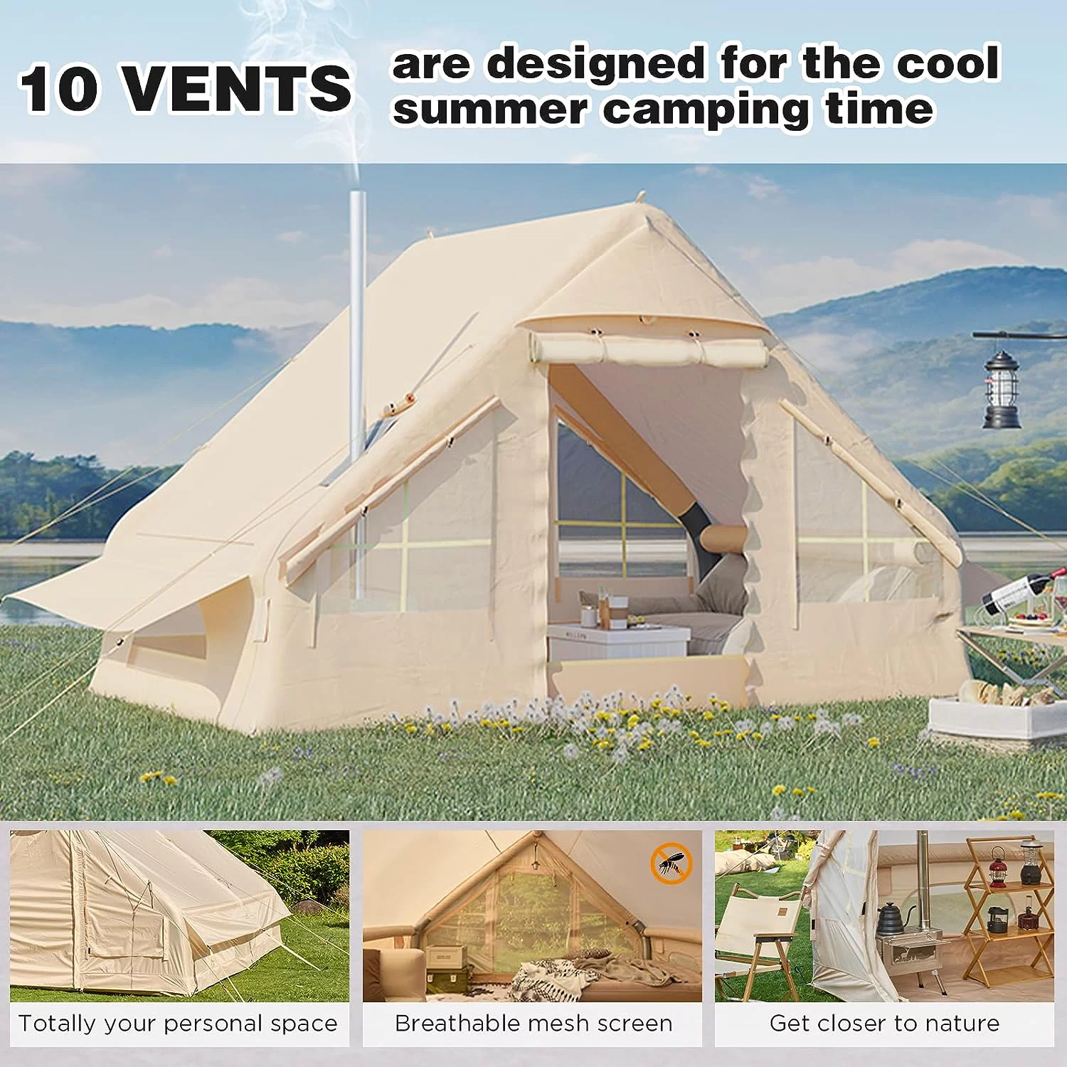 Richryce Inflatable Camping Tent with Pump, Glamping Tents Easy Setup 4 Season Waterproof Windproof with Stove Jack & Mesh Windows & Pump