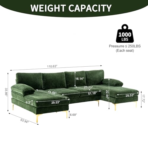 Modern U-Shaped Sectional Couch for Living Room - 110 in Chenille 4 Seater with Double Chaises and Golden Metal Legs - Ideal for Home, Office, Bedroom, Apartment, Green