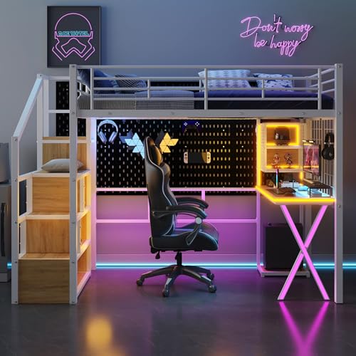 Full Size Loft Bed with Desk and Stairs,Metal Gaming Loft Bed Full with Wardrobe and Shelf, High Loft Bed with LED & USB Charging Station for Teens, Adults, Space Saving Design,Black