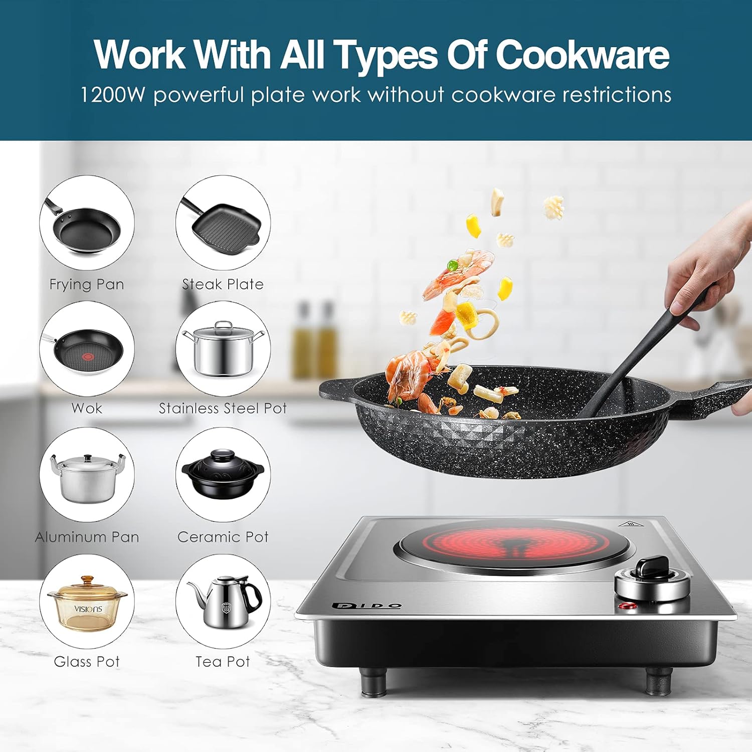 DIDO 1800W Hot Plate, Portable Electric Stove Countertop Cast-Iron Double Burner with Adjustable Temperature& Anti-Slip Feet, Stainless Steel Cooktop for Home/Camp/RV, Compatible for All Cookwares