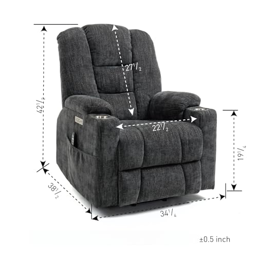 Large Power Lift Recliner Chair with Massage and Heat for Elderly Big People, Overstuffed Wide Recliners, Heavy Duty Motion Mechanism with USB and Type C Ports, 2 Steel Cup Holders, Grey