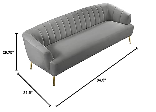 Meridian Furniture Tori Collection Modern | Contemporary Velvet Upholstered Sofa with Deep Channel Tufting and Ball Designed Custom Gold Legs, 84.50" W x 31.5" D x 29.75" H, Grey