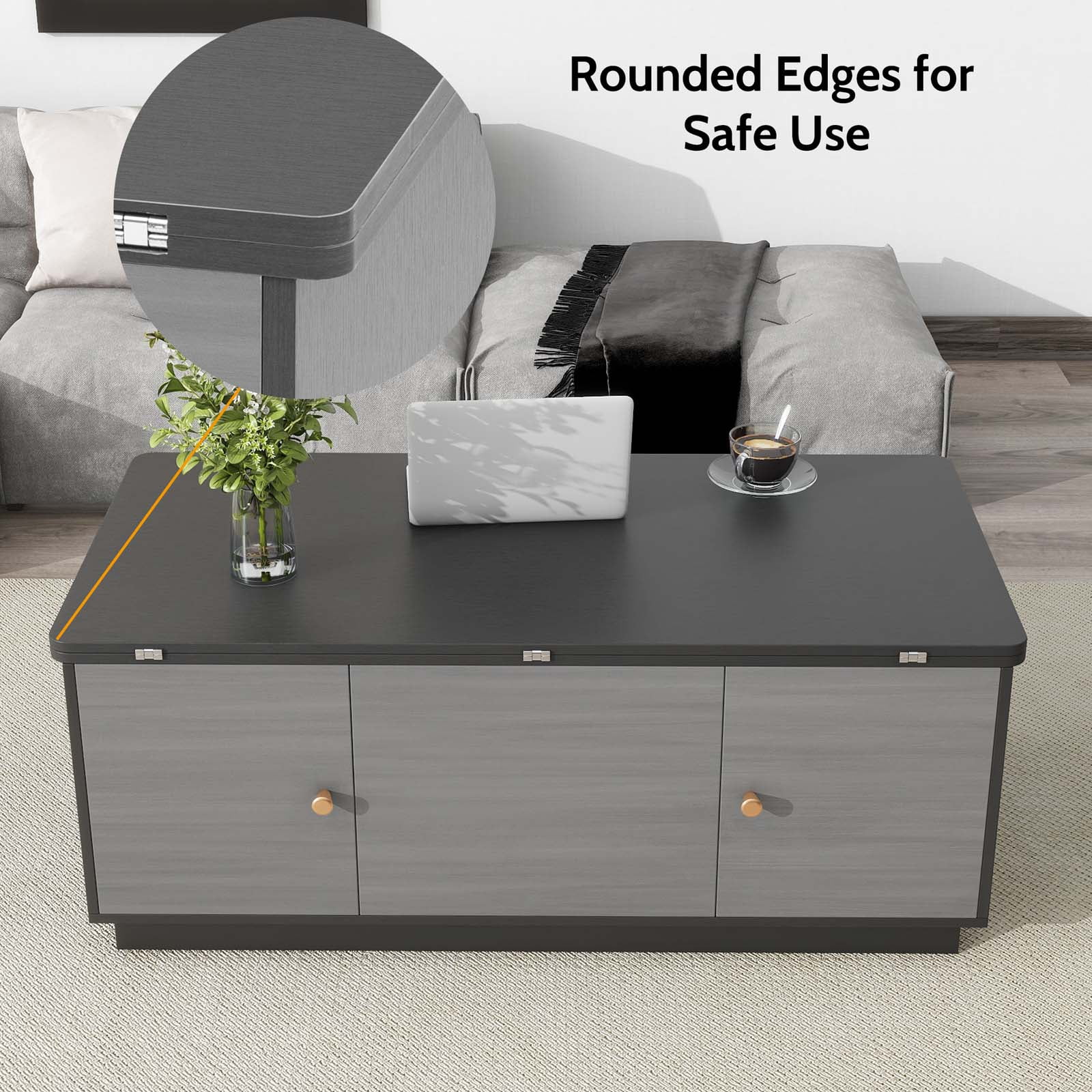 YISUYA Modern Multifunctional Coffee Table, Rectangle Lift-top Coffee Table, Gray Multi-Functional End Table with 2 Storage Cabinets and Hidden Storage, Can be Used as A Dining Table or Workspace