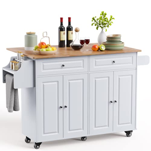 Kitchen Island with Drop Leaf and Storage, on Wheels Two Drawers, Large Storage Cabinet, Towel Rack Spice Cart Brown