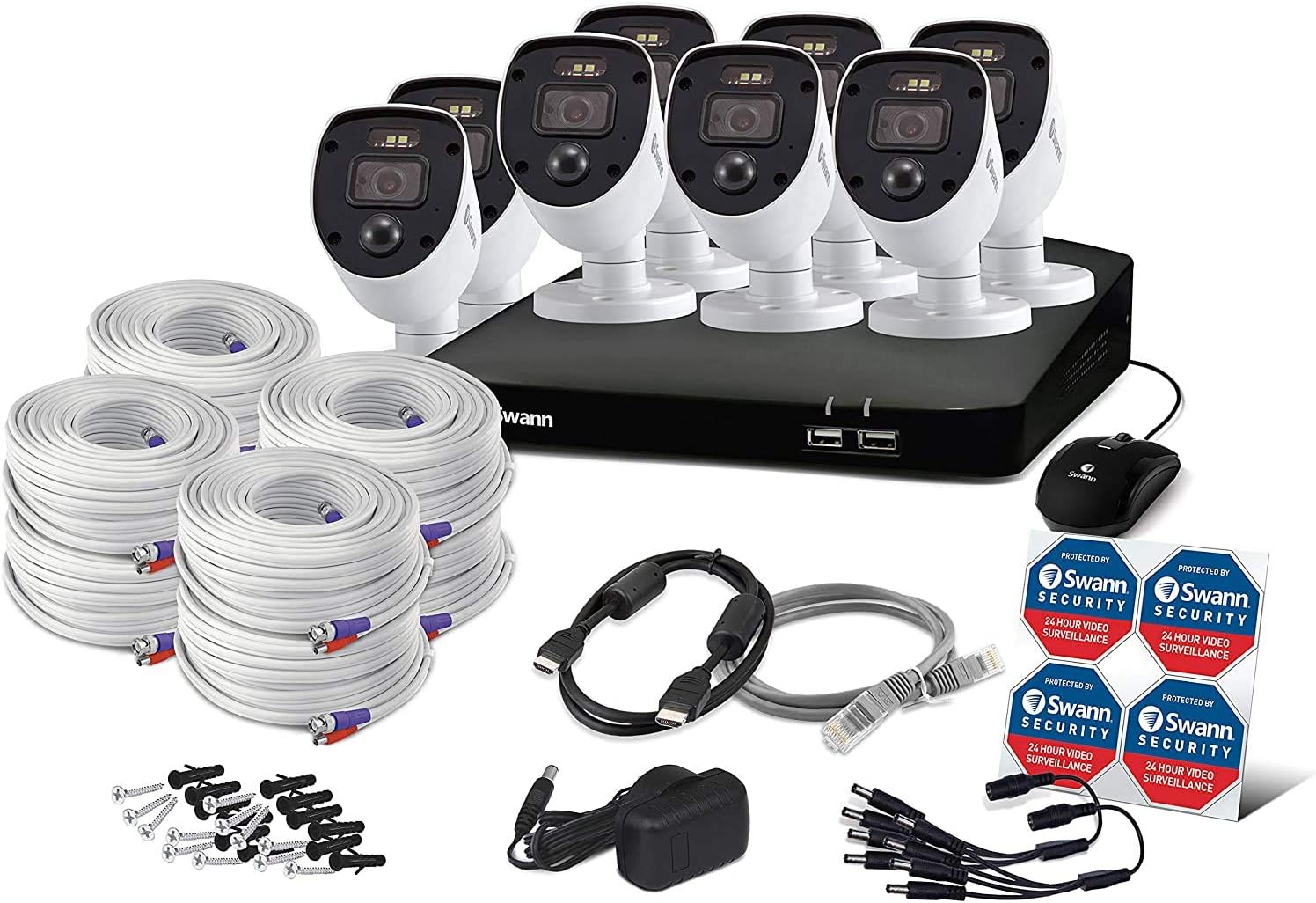 Swann Enforcer Home Security Camera System 8 Channel 8 Cameras DVR CCTV, Wired Surveillance 1080p Full HD + 1TB HDD, Color Night Vision, Red & Blue Flashing Lights, Alexa + Google, SWDVK-846808SL
