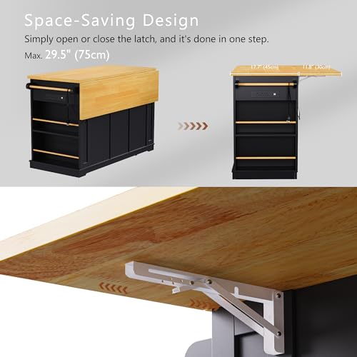 53" Rolling Large Kitchen Island Set with Power Outlet,Mobile Carts with Storage Cabinet,Extra Drop Leaf,3 Drawers and 5 Open Side Racks,Wood Table for Dining Room (Island & Stools)