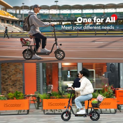 iScooter Electric Scooter with Seat, 37/21 Miles Long Range & 28/19/15.6 MPH Top Speed, 14"/12"/10" Pneumatic Tire, Height Adjustable Seat & Handlebar, Dual Suspensions Commuting Scooter with Basket