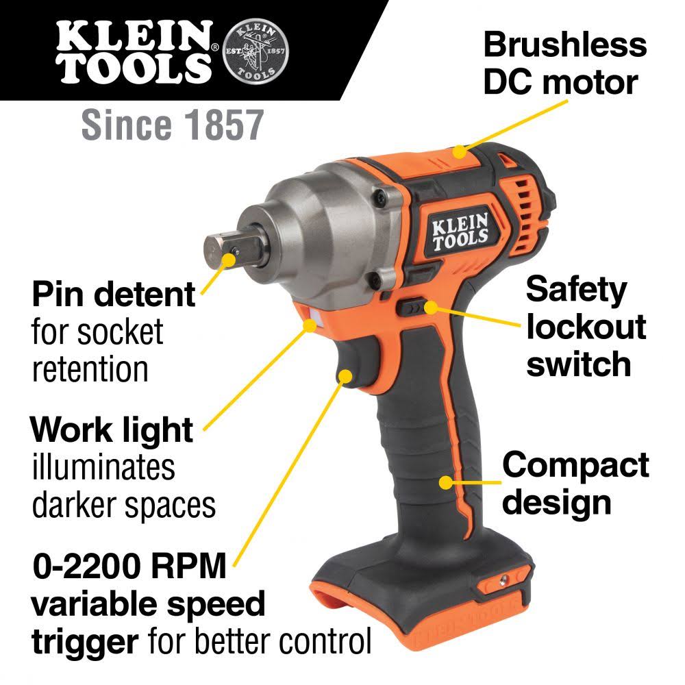 Klein Tools BAT20CW - Battery-Operated Compact Impact Wrench, 1/2-Inch Detent Pin, Tool Only
