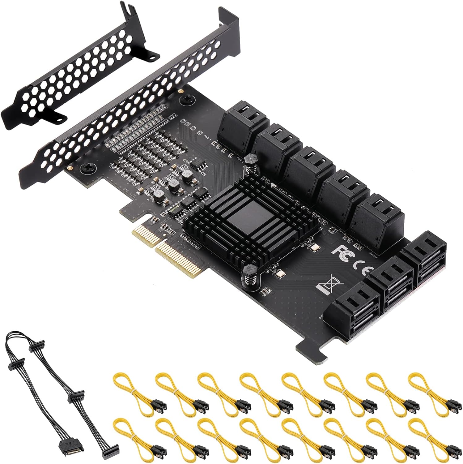 JKTINK PCI Express to 16 ports1X Card, 6 Gbps SATA 3.0 Controller, PCIe Expansion Card, Non-Raid, Supports HDDS, with Low Profile Bracket and 16 Cables, JMB575 ASM1064 Chips