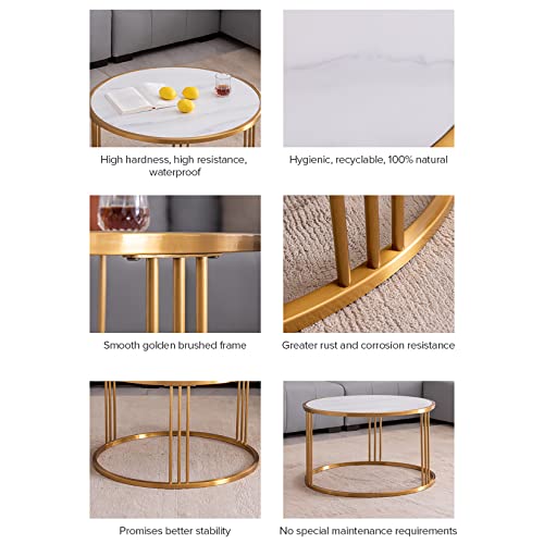 30.7" Round Coffee Table Sintered Stone End Table with Golden Stainless Steel Frame Console Table Modern Living Room Center Cocktail Table for Apartment Home Office