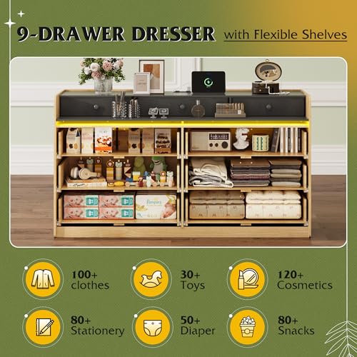 WLIVE 9 Drawer Dressers, Modern Large Wood Dresser Chest for Bedroom Organize with Sturdy Metal Handle, TV Stand for 75 inch TV, Living Room Office, Hallway, Ball Bearing Slide, Grey Oak (63" W)
