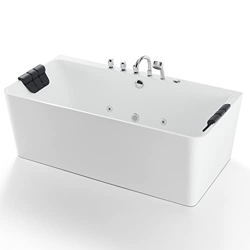 Empava 59-Inch Freestanding Whirlpool Bathtub Rectangular with 8 Hydromassage Adjustable Water Jets Luxury Acrylic Massage SPA Soaking Bath Tub Double Ended, White