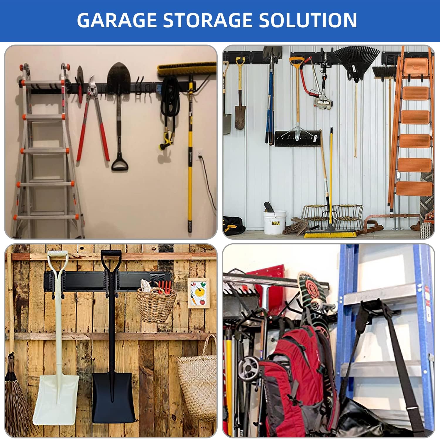 Heavy Duty Tool Storage Rack,Strengthen Garage Tool Organizer Wall Mount,Steel Garage Storage System,Steel Garage Storage System with Wall Hooks and Hanger,Shovel Holder Wall Mount For Shovel Holder Pack of 2