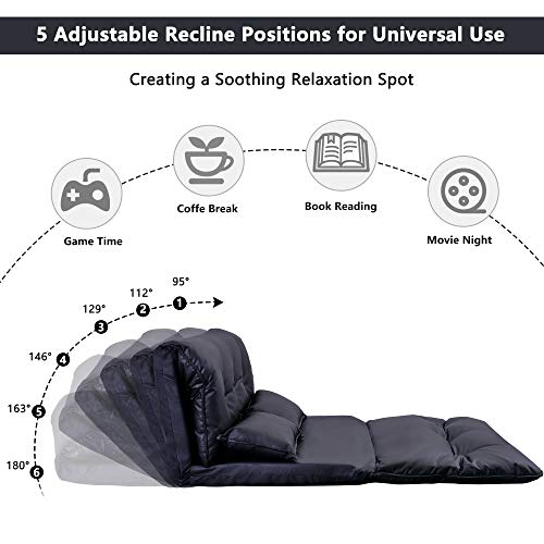Futon Floor Sofa 5-Position Folding Chaise Lounge w/Adjustable Back&Steel Frame for Gaming Video,Multi-functional Lazy Sofa Sleeper Bed w/2 Lumbar Pillows&Thick Cushion for Living Room Bedroom (Black)