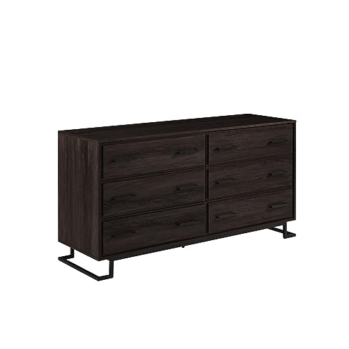 Walker Edison Togo Contemporary Metal and Wood 6-Drawer Dresser, 56 Inch, Coastal Oak