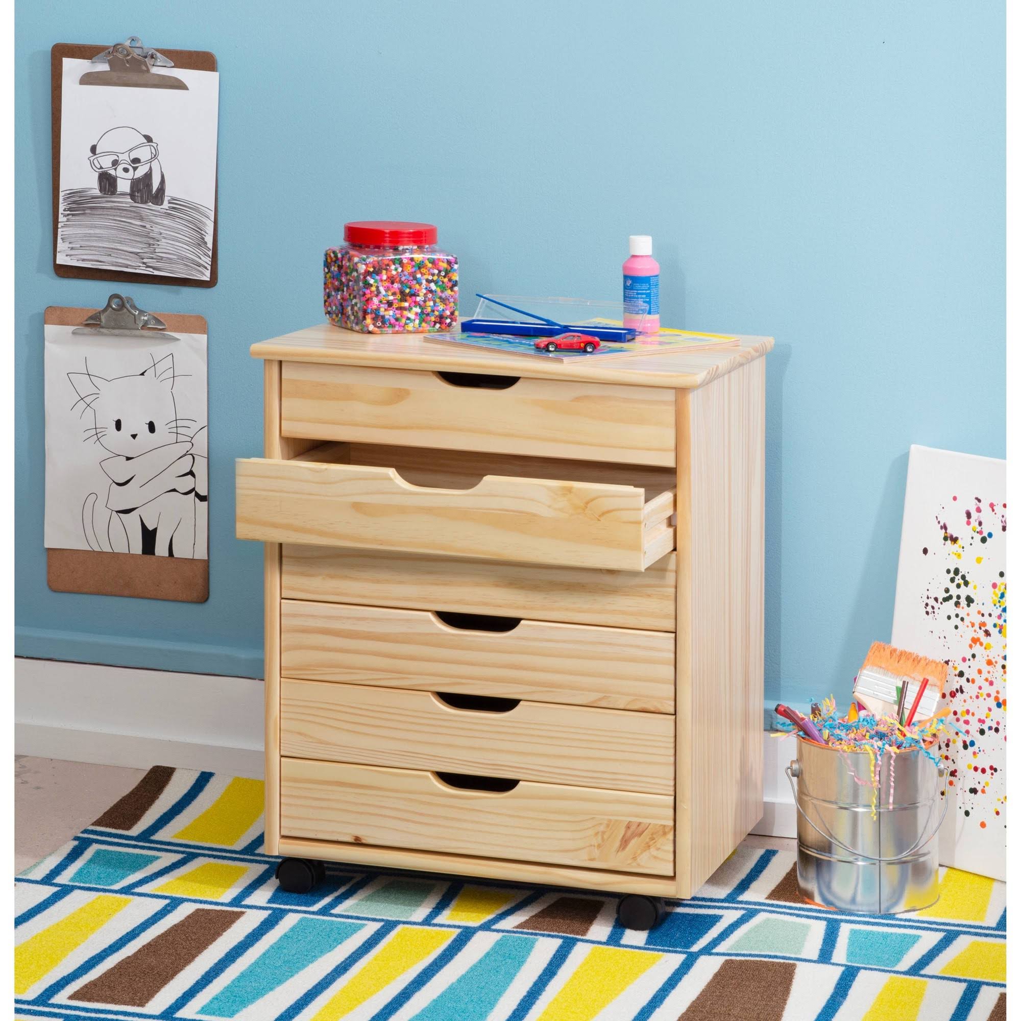 Cary Six Drawer Wide Roll Cart, Natural Linon