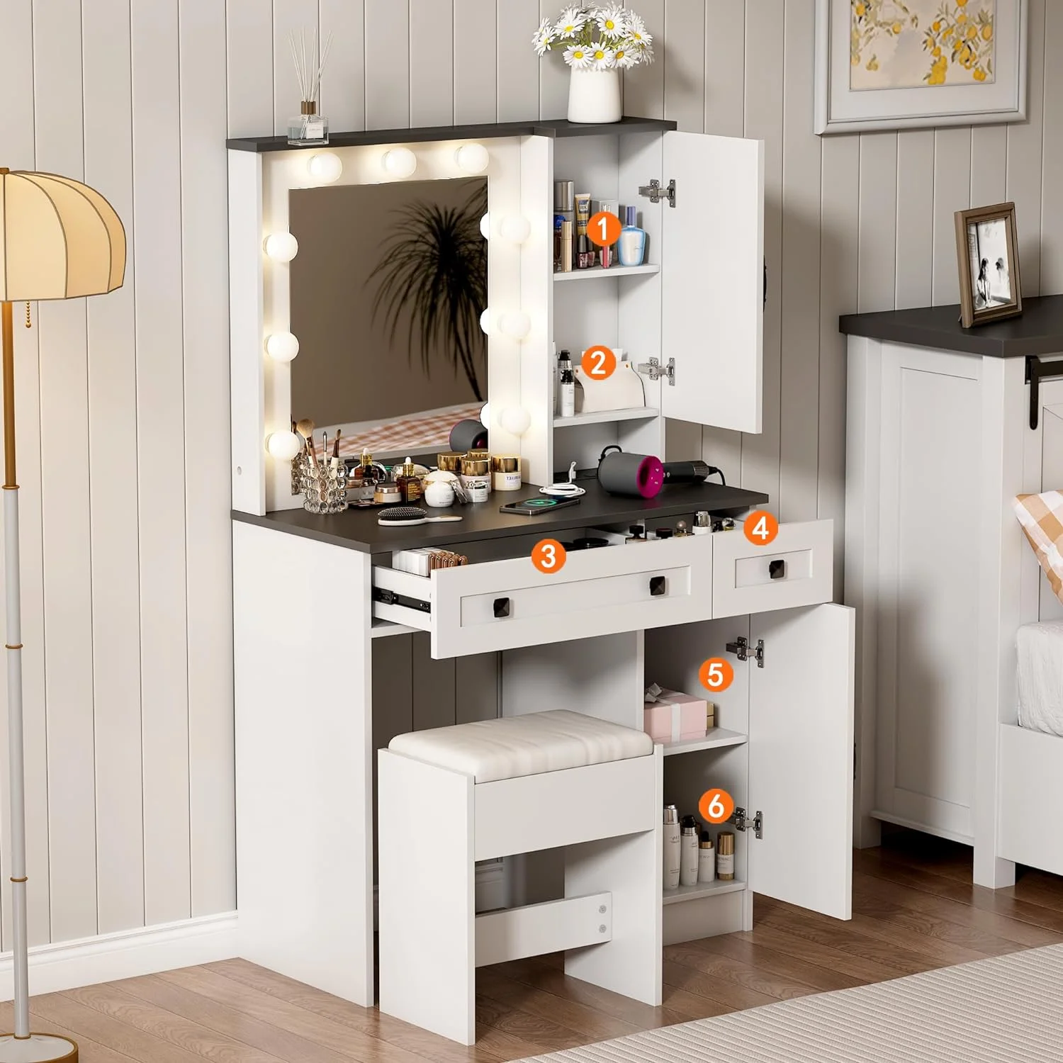 Wanan 31.5" Makeup Vanity Desk with Lights,  Farmhouse Vanity Table and Bench Set with Power Outlet
