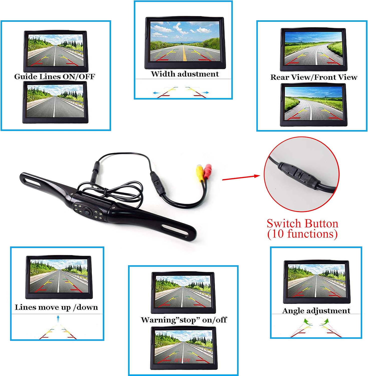 Wireless Backup Camera Monitor 5 TFT LCD Monitor License Plate Backup Camera 180° Viewing Angle 8 LED Night Vision for Car Truck RV Camper Vans Trailer