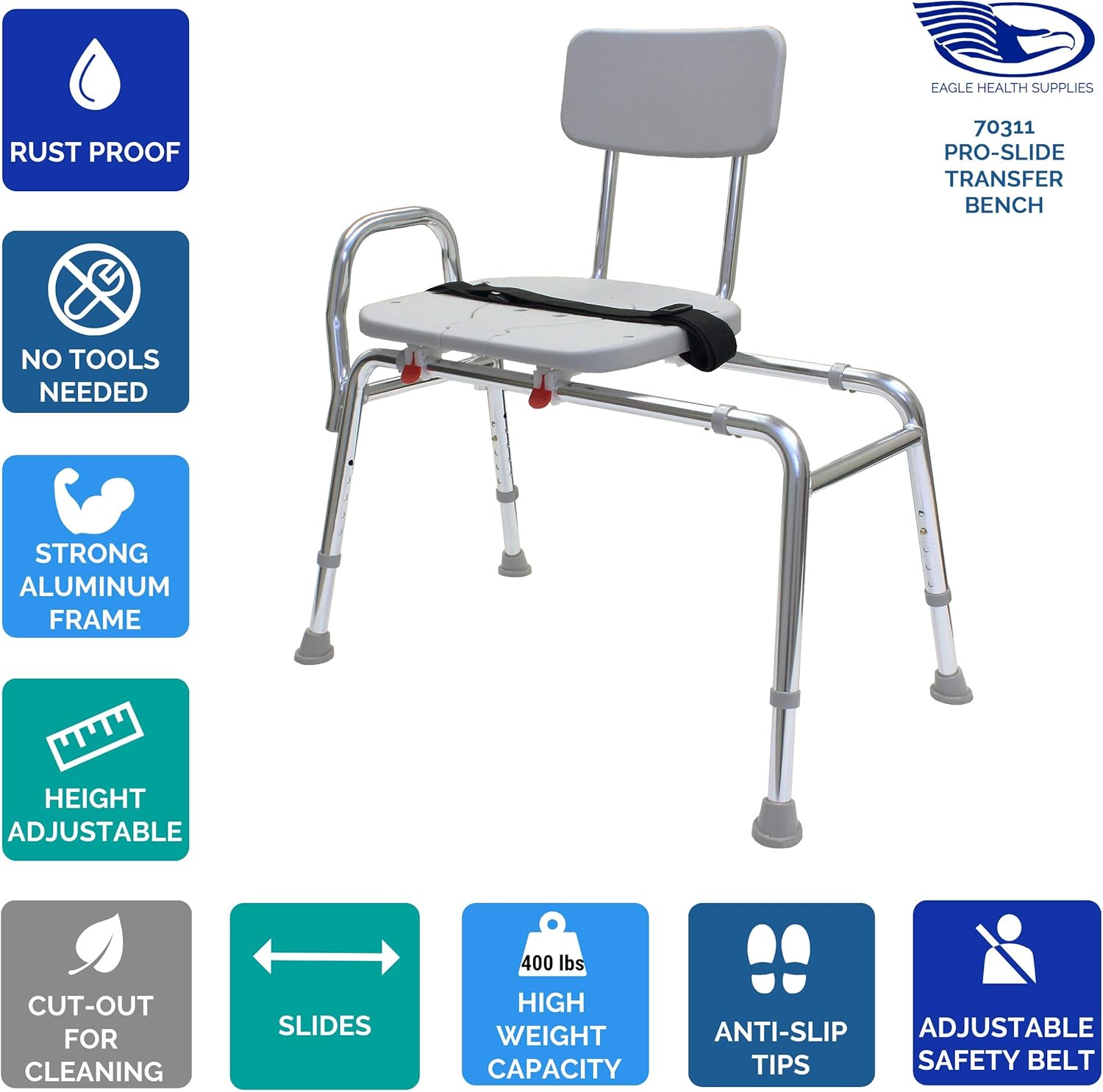 Pro-Slide Bathtub Transfer Bench and Sliding Shower Chair with Cut Out for Additional Cleaning (70311). Multiple Safety Features, Tool-Less Assembly, Height Adjustable and High Weight Capacity.
