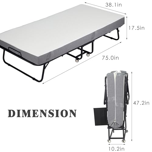 Folding Bed, Portable Foldable Bed with Mattress, 75"x 38" Rollaway Bed Guest Bed for Adults, Fold up Bed with Sturdy Metal Frame& Wheels, Space-Saving Sleeper Bed,Black