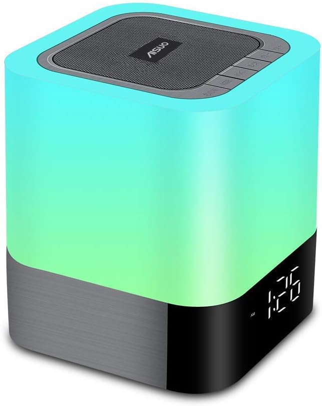 Aisuo Night Light-5 in 1 Bedside Lamp with Bluetooth Speaker,12/24H Digital Calendar Alarm Clock,Touch Control ,Support TF and SD Card,Music Player,Room Decor .