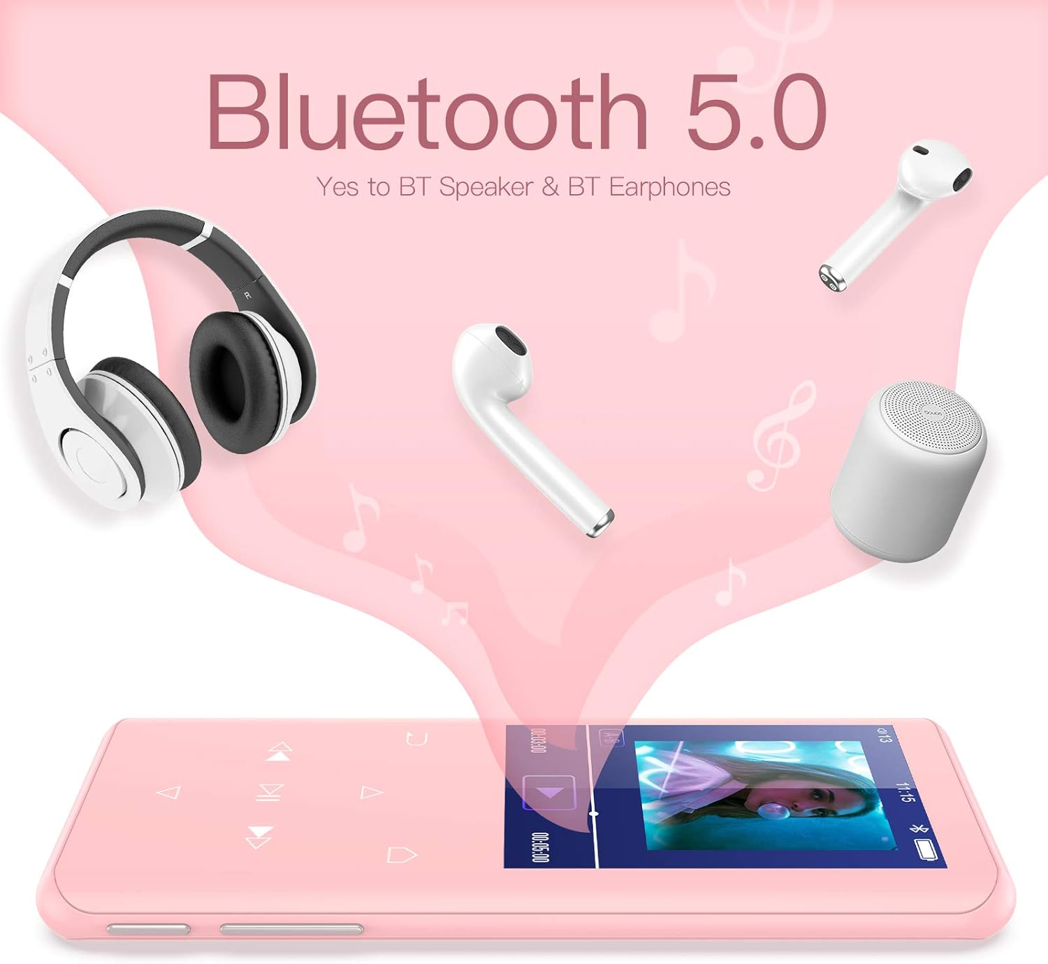 32GB MP3 Player with Bluetooth 5.0, AGPTEK A17X 2.4" Curved Screen Music Player with Speaker Lossless Sound with FM Radio, Voice Recorder, Supports up to 128GB Pink Pack of 2