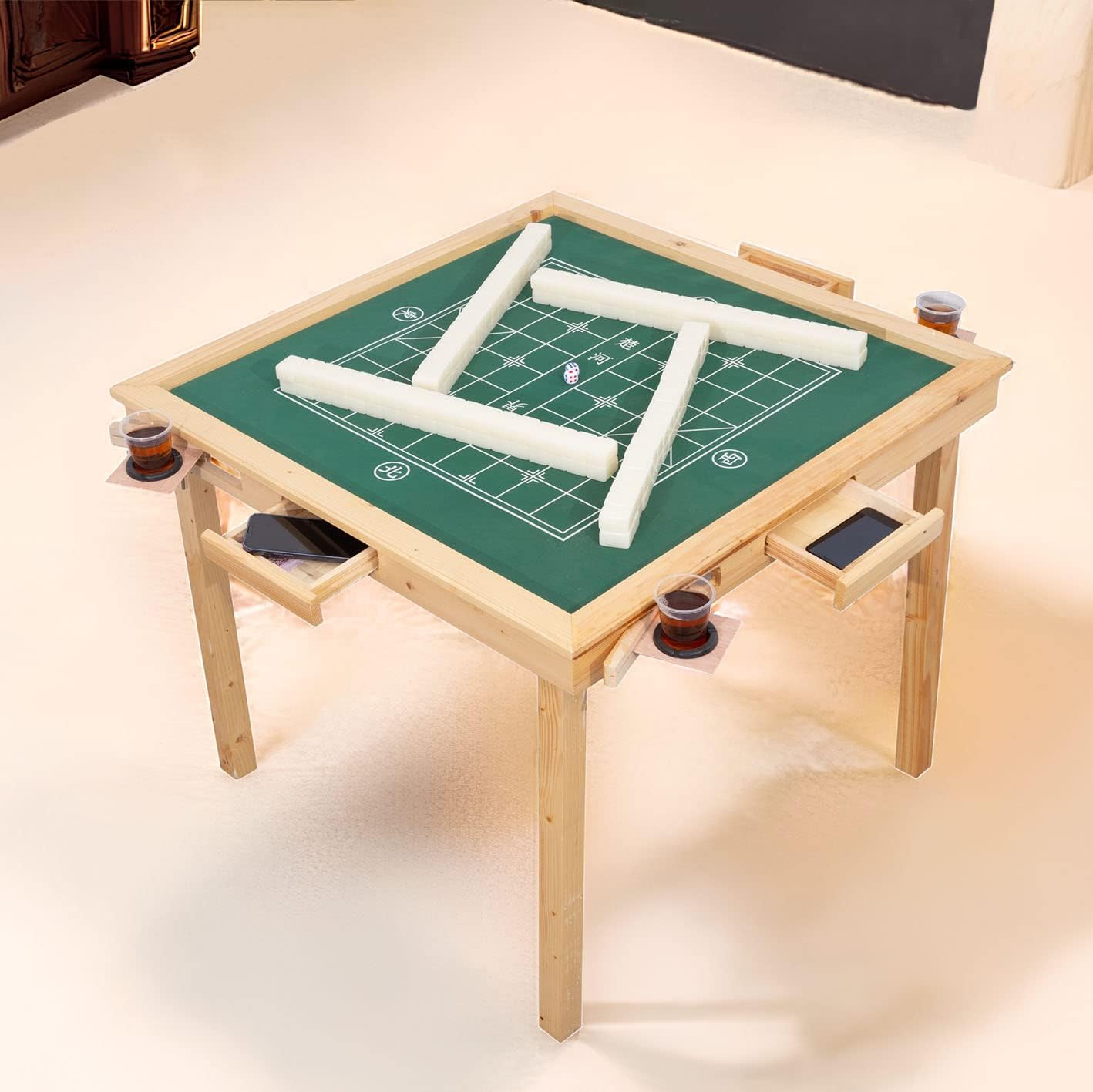 Multifunction Mahjong Table, Folding Card Table with Plush Top, Party Gathering Game Table with 4 Cup Holders & 4 Drawer, 35" Wood