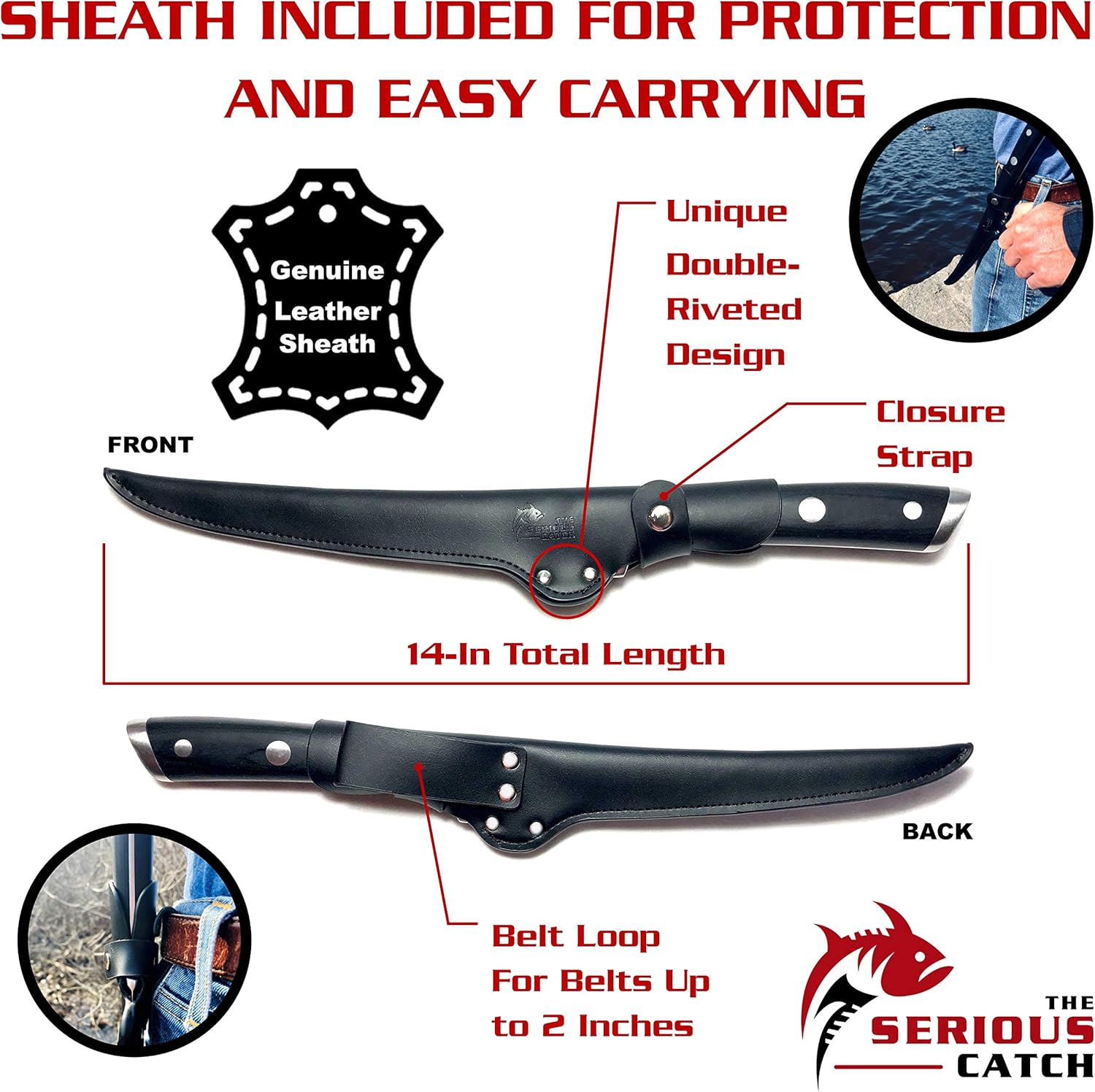The Serious Catch 7-In Fish Fillet Knife With Sheath - Premium German High-Carbon Steel - Leather Sheath Ideal for Indoors and Outdoors - Use to Fillet Fish and Meat