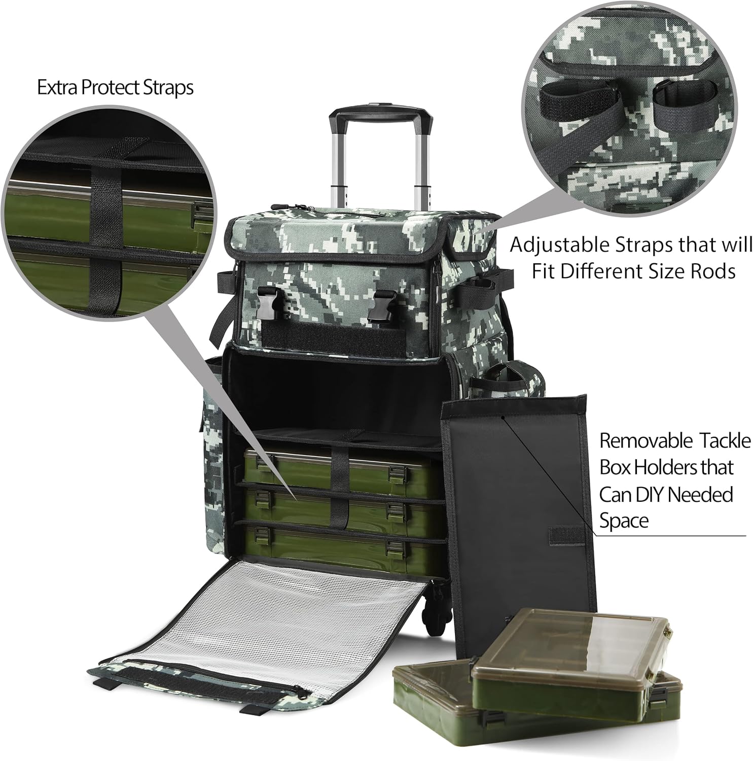 Rolling Fishing Tackle Bags with Rod Holder, Fishing Backpack Removable Wheels and Fishing Cart with Tackle Included, Fishing Gifts for Men, Waterproof Fishing Organizer Pack with Rod Case