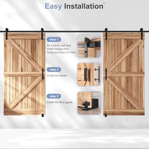 EaseLife 12 FT Double Sliding Barn Door Track and Handle Hardware Kit,Straight Pulley,Slide Smoothly Quietly,Easy Install (12FT Track Kit for 33"~36" Wide Double Door)