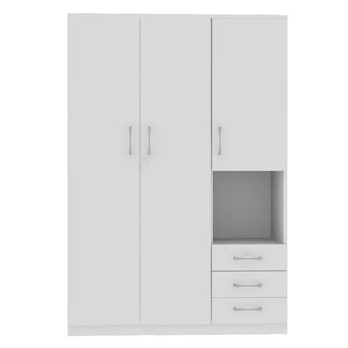 LZ LEISURE ZONE Wardrobe Closet Storage Cabinet with Lockable Doors, Large Wooden Armoire Wardrobe Closet with 3 Drawers, Hanging Rod and Shelves, Bedroom Armoires Wardrobe Clothes Organizer, White