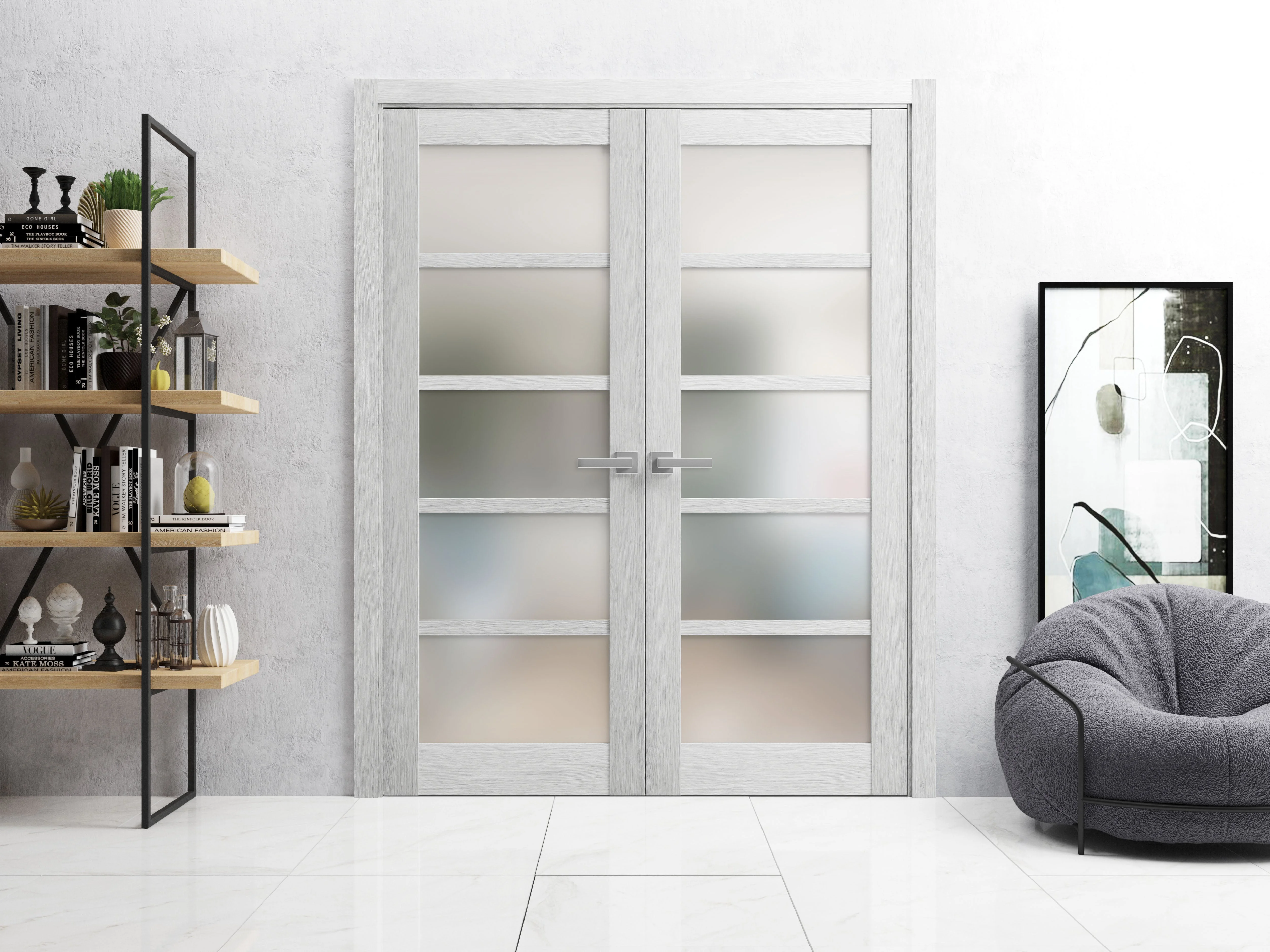 Solid French Double Doors 36 x 80 inches | Quadro 4002 Light Grey Oak with Frosted Glass | Wood Solid Panel Frame Trims | Closet Bedroom Sturdy Doors