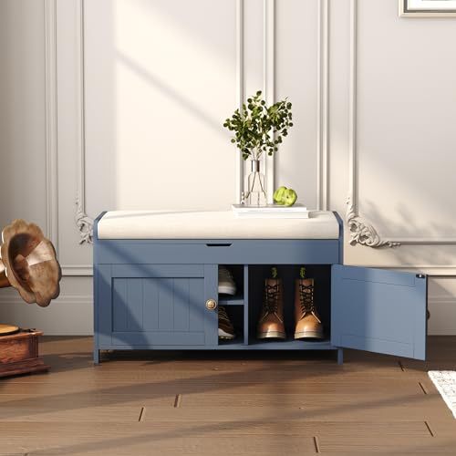 HOMEFORT Shoe Storage Bench with Lift Top Storage, Entryway Bench with Cushioned Seat,Wood Shoe Cabinet Bench,Bench for Bedroom End of Bed,Entry Hidden Shoe Bench for Mudroom,Hallway (Blue)