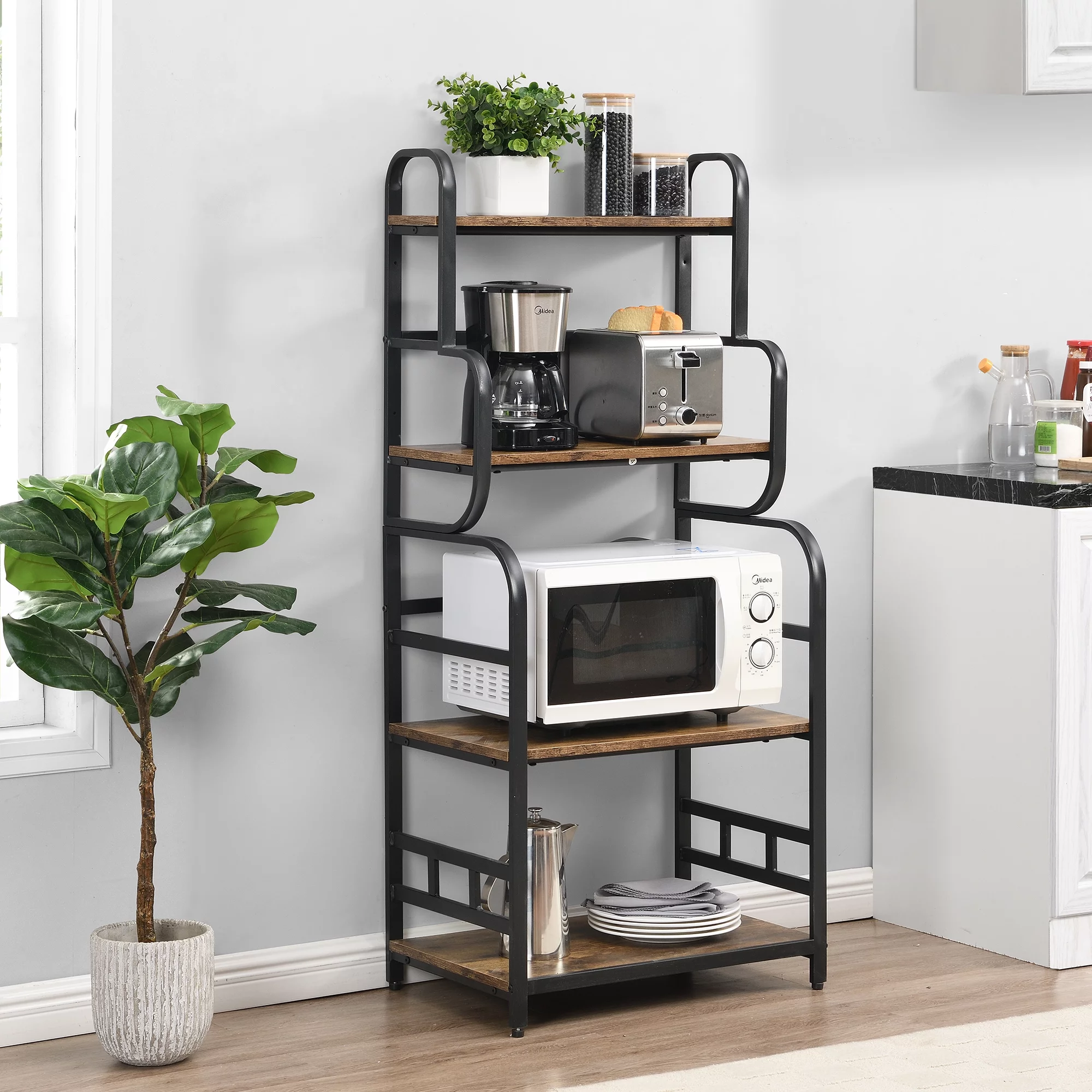 O&K Furniture 4-Tier Kitchen Bakers Rack, 54’’ Microwave Oven Stand with Storage Shelves, Black