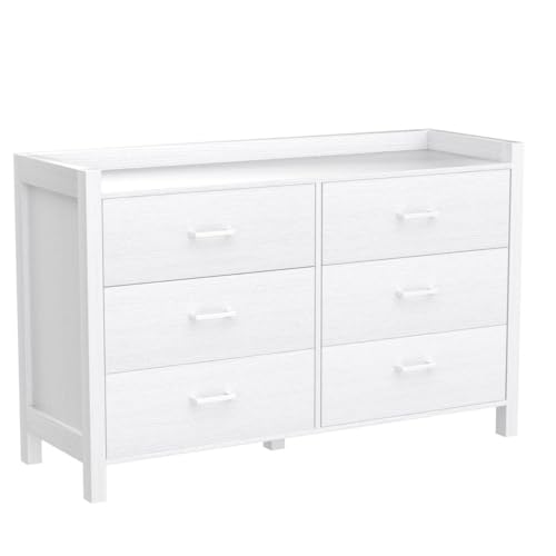 Dresser for Bedroom, 6 Drawer Double Dresser with LED Lights, Wood Chest of Drawers, Modern Storage Dresser for Bedroom, White (NSL02N)