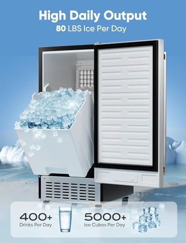 Coolski 80Lbs/ Day Commercial Under Counter Ice Maker Machine, Stainless Steel Built-in Freestanding Ice Maker with 30LBS Ice Storage, Perfect for Commercial & Home Use, Gravity Drainage