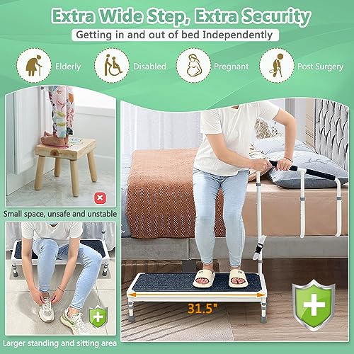 Bed Step Stool with Rail for High Beds Adults Elderly Bedside Assist Step Up Foot Stool with Handle Medical Bed Stairs Helper Stepping Stool with Handrail Bed Railing Handicap Wide Step Ramp - 400lb