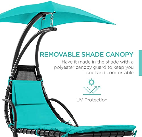 Outdoor Hanging Curved Steel Chaise Lounge Chair Swing w/Built-in Pillow and Removable Canopy, Teal (Navy Blue)