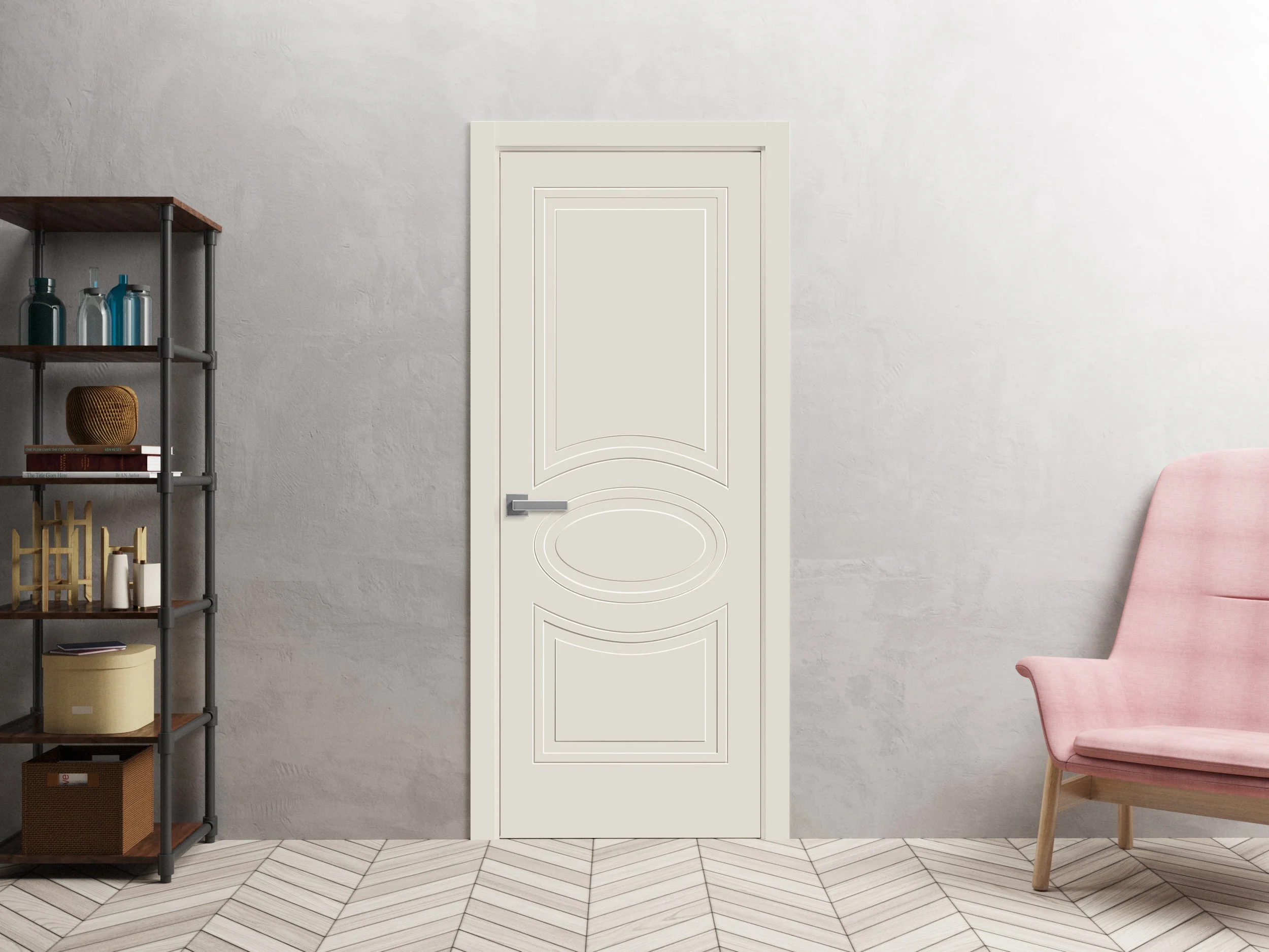 Interior Solid French Door 36" x 80" inches / Mela 7001 Painted Creamy / Single Regular Panel Frame Handle / Bathroom Bedroom Modern Doors
