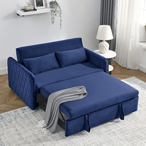 Pull Out Sofa Bed, Velvet Sleeper Sofa Loveseat Sofa Bed, Futon Sofa Bed Lounge Sofa with Reclining Backrest, Toss Pillows, Pockets, Convertible Sleeper Sofa Bed-Black