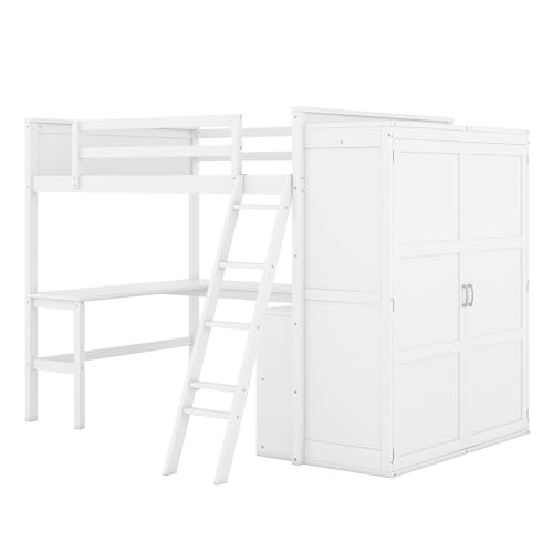 SOFTSEA Twin Size Loft Bed with Built in Desk & Wardrobe, Solid Wood Loft Bed with Storage Cabinet, High Loft Bed Frame with Large Wardrobe for Kids Teens Adults, Grey