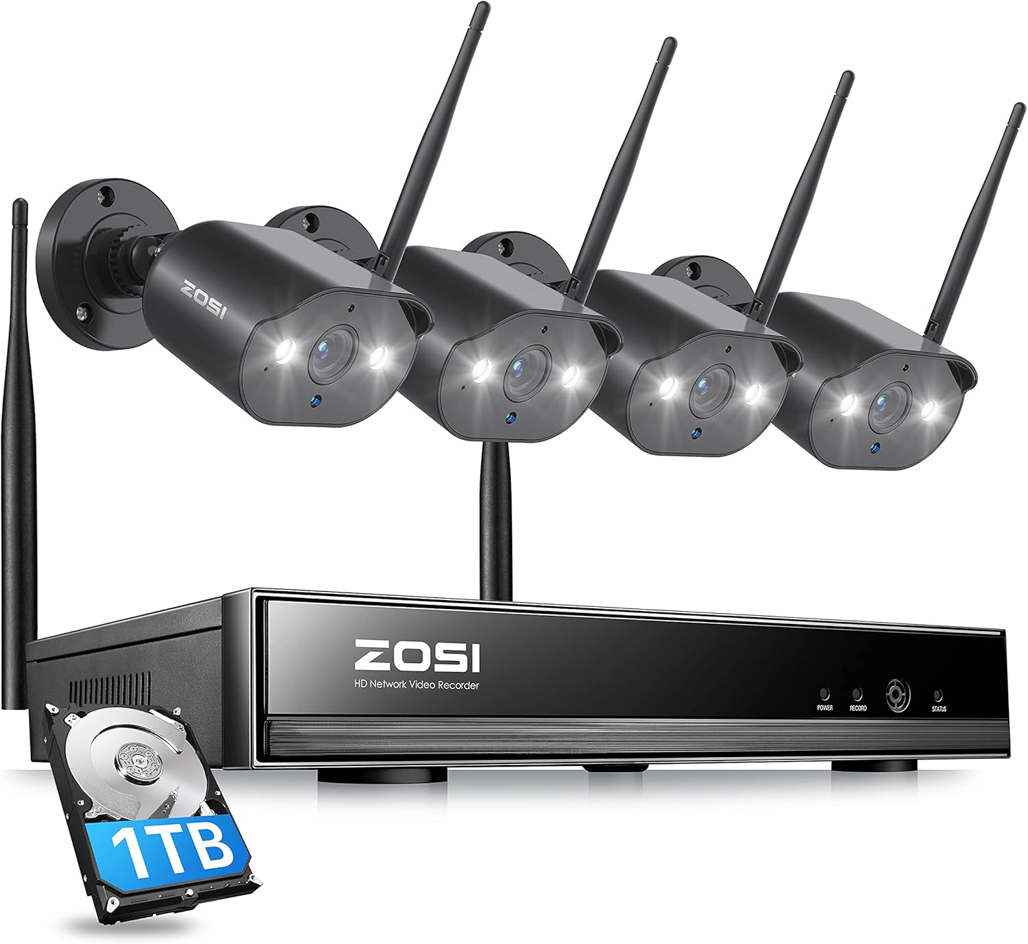 ZOSI Wireless Security Camera System, 2K H.265+ 8 Channel CCTV NVR with Hard Drive 1TB and 4pcs 1080P WiFi IP Camera Outdoor Indoor with Spot Light & Sound Alarm, 2-Way Audio,Human Motion Alerts