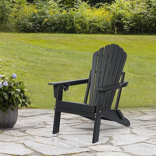 Folding Adirondack Chair,SGS Tested,Wooden Textured with Cup Holder,Widened Heavy All-Weather HDPE Comfortable Seating for Ourdoor Teak