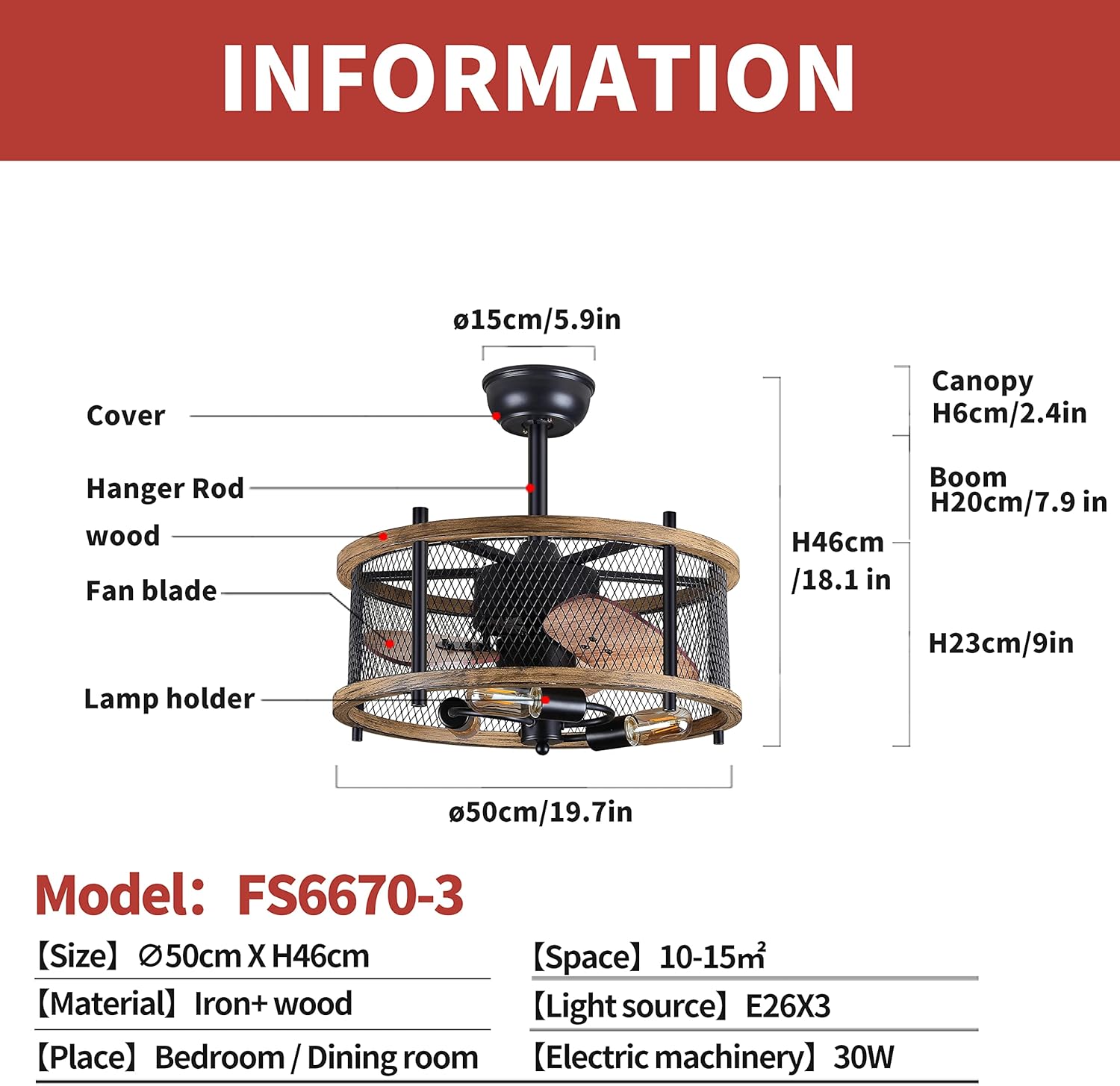 20-inch Industrial Caged Ceiling Fan with Lights Remote Control, Reversible,Modern Enclosed Bladeless Ceiling Fan Indoor, Rustic Vintage Metal Cage Fandelier Ceiling Fan (Mesh,Bulbs Included)