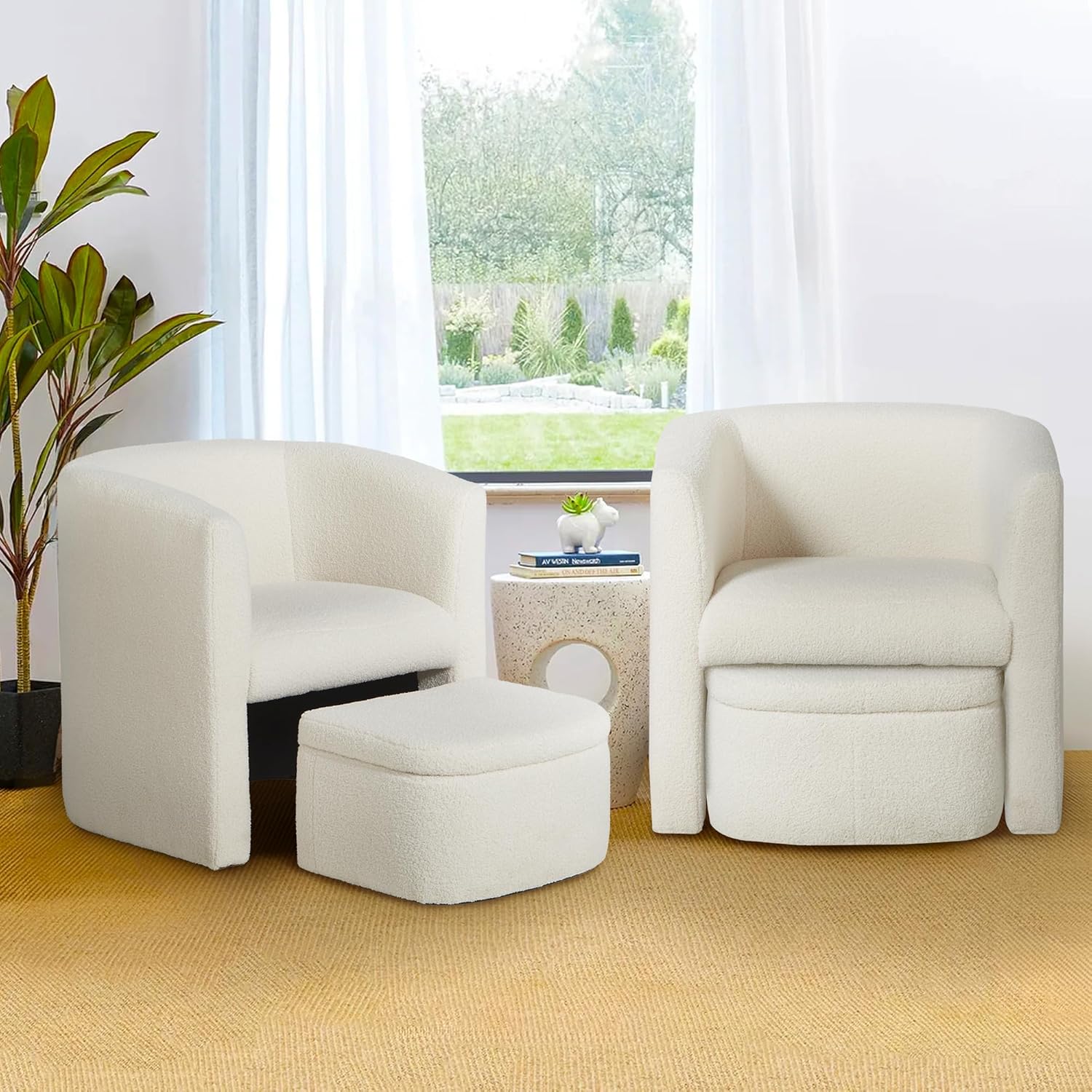 COLAMY Upholstered Barrel Chair Sherpa Fabric with Storage Ottoman Set, Modern Accent Lounge Armchair Club Chair Space-Saving for Living Room Bedroom Home Office, Cream - Set of 2