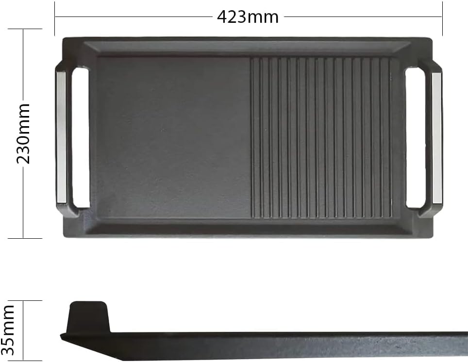 Griddle Pan, Cast Iron Grill Hot Plate, Rectangular Grill, 2 handles with Flat and Ridged Surface for Induction Electric Cooktop，16.7 x 9.1inch