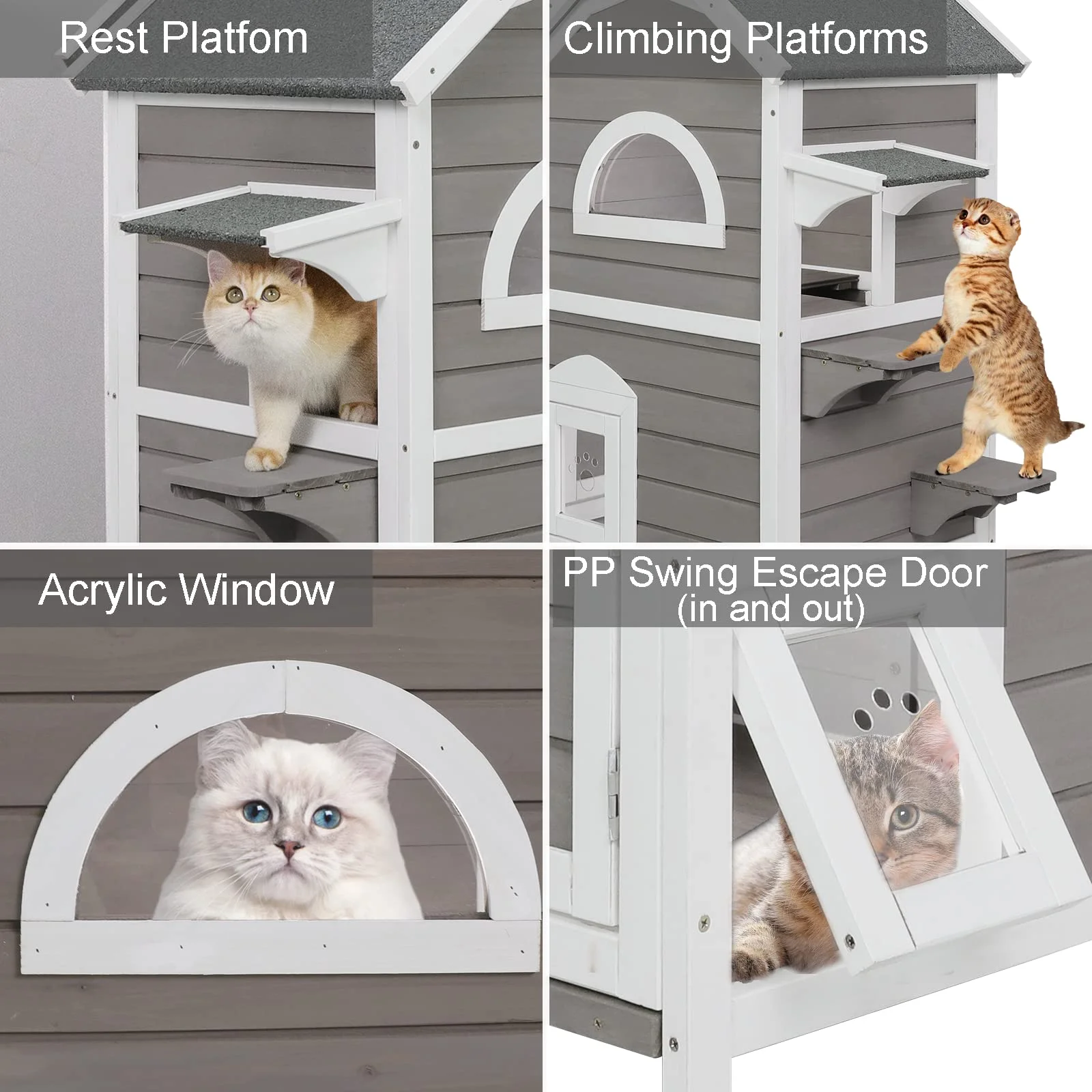 PetsCosset Outdoor Cat House Shelter Weatherproof, Two Story Wooden Outside Cat House Feral Cat House with Escape Door, Removable Floors